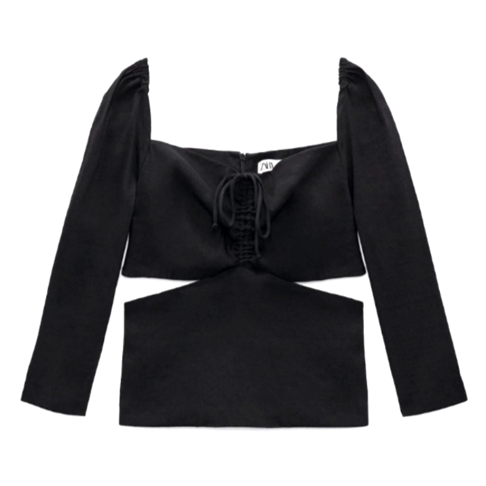NWT Zara Womens Sz S Linen Blend Black Detail Cut-out Drawstring Top